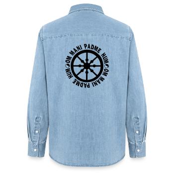 Roue de la vie avec mantra "om mani padme hum" - Chemise en denim femme bio Stanley/Stella - bleu clair délavé - Dos - AI Model Female 172 light (172cm)