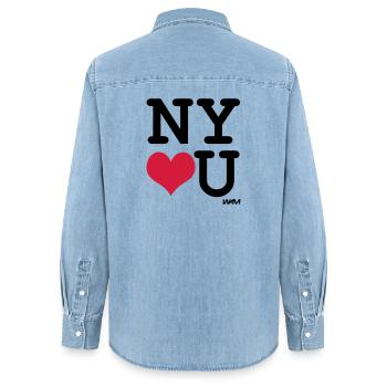 New York loves you - couleurs personnalisables - Chemise en denim femme bio Stanley/Stella - bleu clair délavé - Dos - AI Model Female 172 light (172cm)