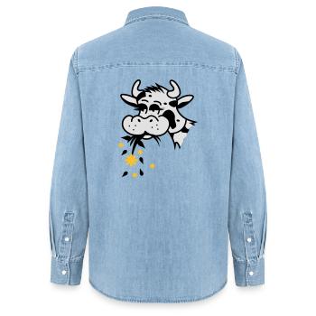 Une vache mange bouquet - Chemise en denim femme bio Stanley/Stella - bleu clair délavé - Dos - AI Model Female 172 light (172cm)