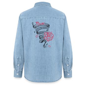 Music notes with music sheet and rose. - Women’s Organic Denim Shirt by Stanley/Stella - light wash - Back - AI Model Female 172 light (172cm)