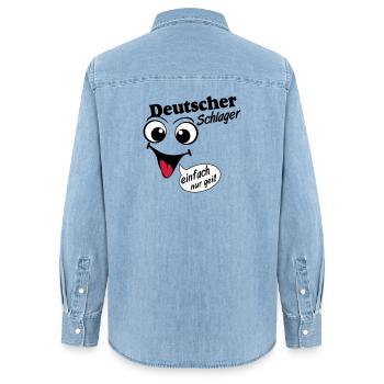 Schlager Party , Schlager Musik , einfach nur geil - Frauen Jeanshemd Organic von Stanley/Stella - verwaschenes Hellblau - Hinten - AI Model Female 172 light (172cm)