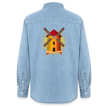golden windmill with a shining background - Women’s Organic Denim Shirt by Stanley/Stella - light wash - Back - AI Model Female 172 light (172cm)