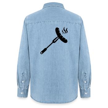 Sausage, bratwurst on a fork for BBQ - Women’s Organic Denim Shirt by Stanley/Stella - light wash - Back - AI Model Female 172 light (172cm)