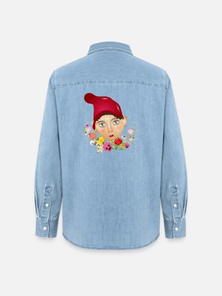 Der Kasper oder auch Kasperle als Puppen Porträt - Frauen Jeanshemd Organic von Stanley/Stella - verwaschenes Hellblau