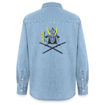 Samuraihelm Kabuto 5 - Frauen Jeanshemd Organic von Stanley/Stella - verwaschenes Hellblau - Hinten - AI Model Female 172 light (172cm)
