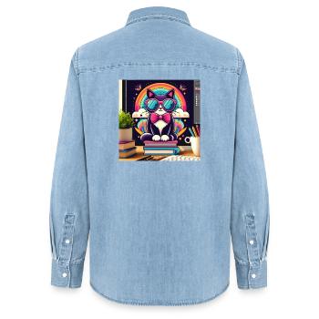 Studious cat with glasses - Women’s Organic Denim Shirt by Stanley/Stella - light wash - Back - AI Model Female 172 light (172cm)