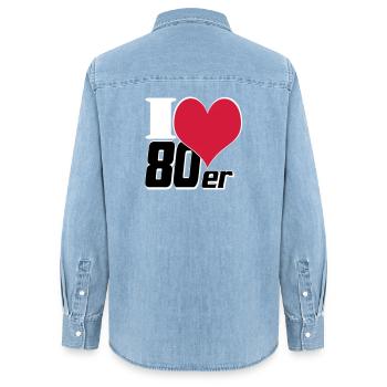 80er Party Retro Fun Shirt, 80er Motto Shirt (25) - Frauen Jeanshemd Organic von Stanley/Stella - verwaschenes Hellblau - Hinten - AI Model Female 172 light (172cm)