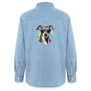 Carillon éolien avec lunettes de soleil - Chemise en denim femme bio Stanley/Stella - bleu clair délavé - Dos - AI Model Female 172 light (172cm)