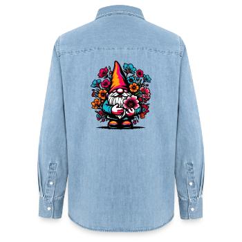 Zwerg mit Blumen - Frauen Jeanshemd Organic von Stanley/Stella - verwaschenes Hellblau - Hinten - AI Model Female 172 light (172cm)