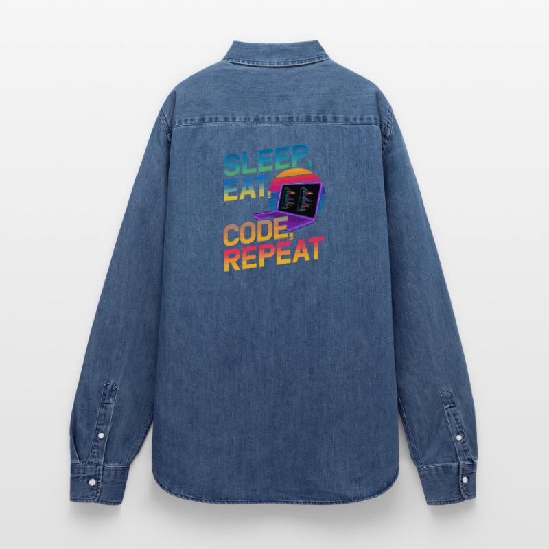 Sleep Eat Code Repeat Gift pour Coder Chemise en denim femme bio Stanley/Stella