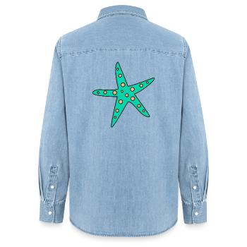 anniversaire. anniversaire décennie. humour. drôle - Chemise en denim femme bio Stanley/Stella - bleu clair délavé - Dos - AI Model Female 172 light (172cm)