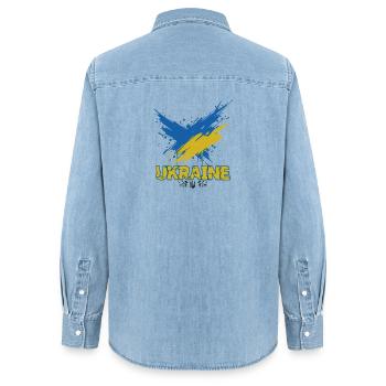 Drapeau de l’Ukraine Splash Art - Chemise en denim femme bio Stanley/Stella - bleu clair délavé - Dos - AI Model Female 172 light (172cm)