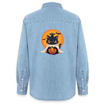 Chat d’Halloween avec citrouille d’Halloween - Chemise en denim femme bio Stanley/Stella - bleu clair délavé - Dos - AI Model Female 172 light (172cm)