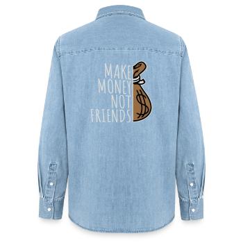 Gagne de l’argent, pas des amis, slogan Slogan - Chemise en denim femme bio Stanley/Stella - bleu clair délavé - Dos - AI Model Female 172 light (172cm)