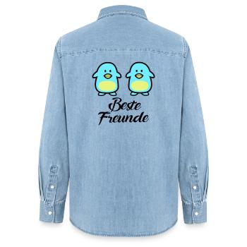 Pinguine Beste Freunde - Frauen Jeanshemd Organic von Stanley/Stella - verwaschenes Hellblau - Hinten - AI Model Female 172 light (172cm)