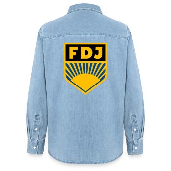 FDJ - Freie Deutsche Jugend Logo (dreifarbig) - Frauen Jeanshemd Organic von Stanley/Stella - verwaschenes Hellblau - Hinten - AI Model Female 172 light (172cm)