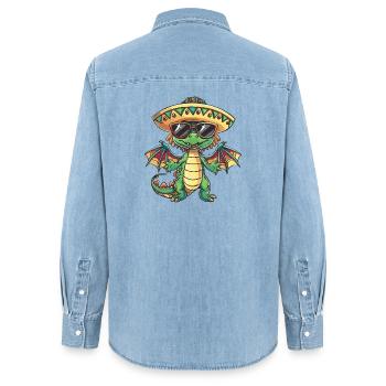 Sombrero Drôle de Dragon - Chemise en denim femme bio Stanley/Stella - bleu clair délavé - Dos - AI Model Female 172 light (172cm)