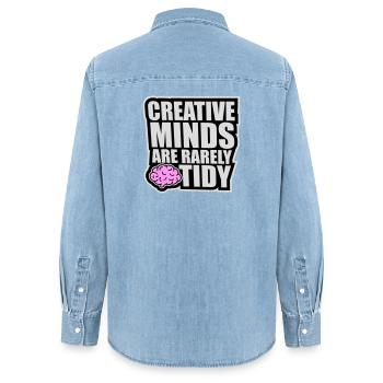 Les esprits créatifs sont rarement bien rangés Logo créatif drôle - Chemise en denim femme bio Stanley/Stella - bleu clair délavé - Dos - AI Model Female 172 light (172cm)