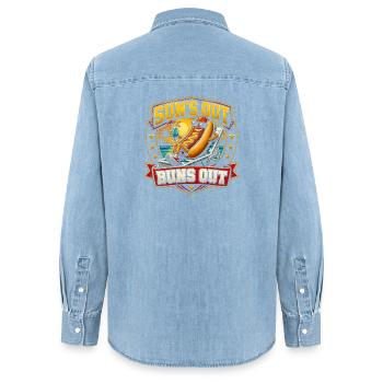 Soleil qui sort, ça roule, hot dog drôle - Chemise en denim femme bio Stanley/Stella - bleu clair délavé - Dos - AI Model Female 172 light (172cm)