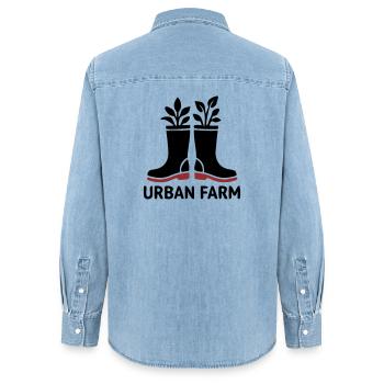 Logo des bottes en caoutchouc de ferme urbaine - Chemise en denim femme bio Stanley/Stella - bleu clair délavé - Dos - AI Model Female 172 light (172cm)