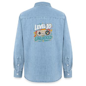 Level 10 unlocked 10 Year Anniversary D Gift - Women’s Organic Denim Shirt by Stanley/Stella - light wash - Back - AI Model Female 172 light (172cm)