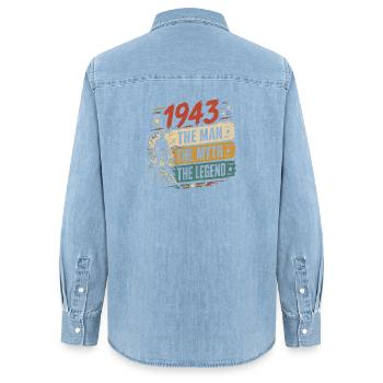 Birthday Born In 1943 Man Myth Legend - Women’s Organic Denim Shirt by Stanley/Stella - light wash - Back - AI Model Female 172 light (172cm)