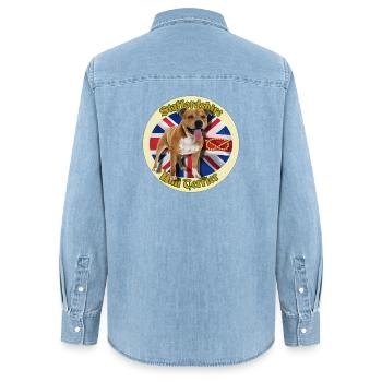 Staffie rouge sur fond de drapeau anglais - 014 - Chemise en denim femme bio Stanley/Stella - bleu clair délavé - Dos - AI Model Female 172 light (172cm)