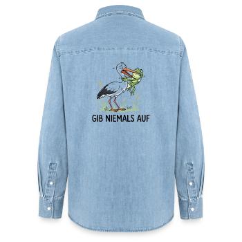 Gib niemals auf! – Lustiger Storch & Frosch - Frauen Jeanshemd Organic von Stanley/Stella - verwaschenes Hellblau - Hinten - AI Model Female 172 light (172cm)