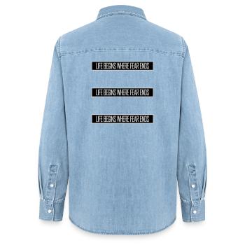 Life Begins Where Fear Ends Motivierend Zitat Logo - Frauen Jeanshemd Organic von Stanley/Stella - verwaschenes Hellblau - Hinten - AI Model Female 172 light (172cm)