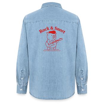 Rock & Snort Pig Guitar - Frauen Jeanshemd Organic von Stanley/Stella - verwaschenes Hellblau - Hinten - AI Model Female 172 light (172cm)
