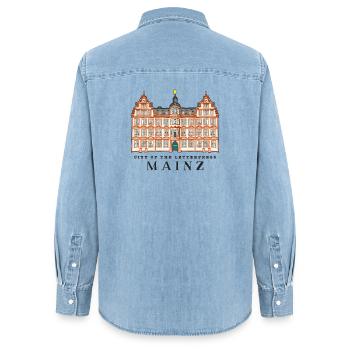 Mainz, Stadt des Buchdrucks, Deutschland - Frauen Jeanshemd Organic von Stanley/Stella - verwaschenes Hellblau - Hinten - AI Model Female 172 light (172cm)
