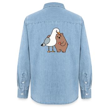 North Sea Seagull Brown Bear Friendship Love Lean - Women’s Organic Denim Shirt by Stanley/Stella - light wash - Back - AI Model Female 172 light (172cm)