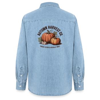 Publicité de fruits vintage – Citrouille - Chemise en denim femme bio Stanley/Stella - bleu clair délavé - Dos - AI Model Female 172 light (172cm)