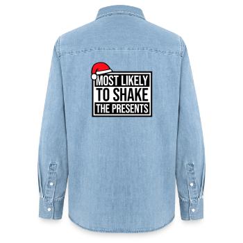 Most Likely to Shake the Presents Weihnachten Spaß - Frauen Jeanshemd Organic von Stanley/Stella - verwaschenes Hellblau - Hinten - AI Model Female 172 light (172cm)