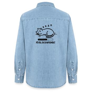 Sleeping cat, alarm clock charging - Women’s Organic Denim Shirt by Stanley/Stella - light wash - Back - AI Model Female 172 light (172cm)