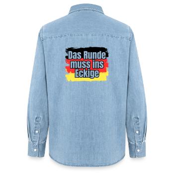 Das Runde muss ins Eckige - Spruch - Frauen Jeanshemd Organic von Stanley/Stella - verwaschenes Hellblau - Hinten - AI Model Female 172 light (172cm)