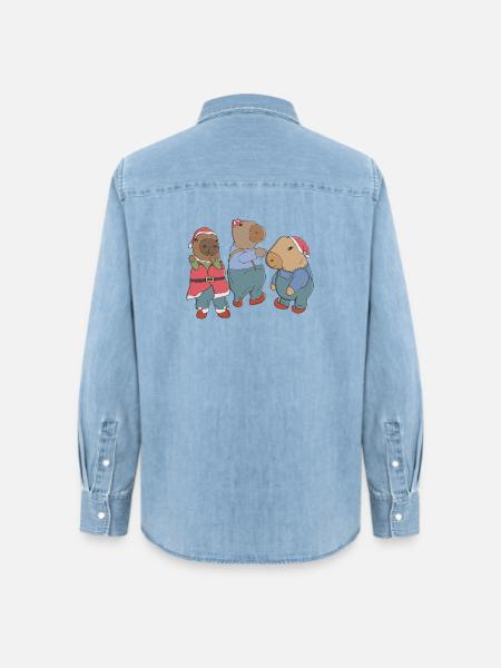 Niedliches Weihnachts-Capybara-Trio im Weihnachtsmann-und-Elf-Outfit - Frauen Jeanshemd Organic von Stanley/Stella - verwaschenes Hellblau