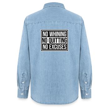 Pas de plaintes, pas d’abandon, pas d’excuses, motivation pour la salle de sport - Chemise en denim femme bio Stanley/Stella - bleu clair délavé - Dos - AI Model Female 172 light (172cm)