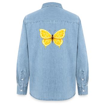 Lemon Wings – Glowing Fruit Butterfly - Women’s Organic Denim Shirt by Stanley/Stella - light wash - Back - AI Model Female 172 light (172cm)