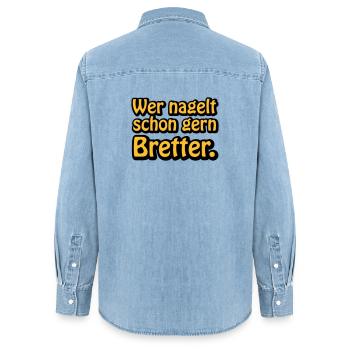 Wer nagelt schon gern Bretter - Frauen Jeanshemd Organic von Stanley/Stella - verwaschenes Hellblau - Hinten - AI Model Female 172 light (172cm)