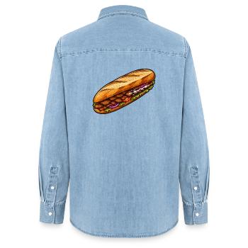 Illustration de sandwich baguette - Chemise en denim femme bio Stanley/Stella - bleu clair délavé - Dos - AI Model Female 172 light (172cm)