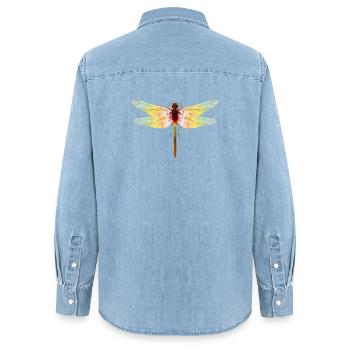 Libellule irisée – motif insecte en filigrane - Chemise en denim femme bio Stanley/Stella - bleu clair délavé - Dos - AI Model Female 172 light (172cm)