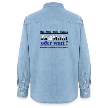 Hamburg , Tradition , Ja Moin oder watt (25) - Frauen Jeanshemd Organic von Stanley/Stella - verwaschenes Hellblau - Hinten - AI Model Female 172 light (172cm)
