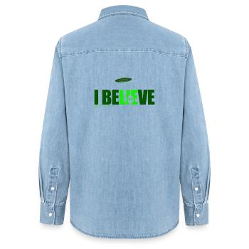 i believe - Women’s Organic Denim Shirt by Stanley/Stella - light wash - Back - AI Model Female 172 light (172cm)