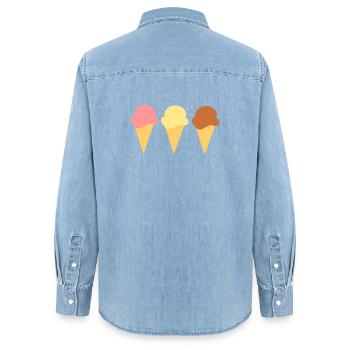 Eis Eiscreme Erdbeereis Vanilleeis Schokoeis - Frauen Jeanshemd Organic von Stanley/Stella - verwaschenes Hellblau - Hinten - AI Model Female 172 light (172cm)