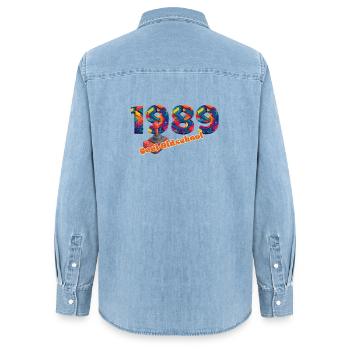 1989 – Style rétro du jeu numérique - Chemise en denim femme bio Stanley/Stella - bleu clair délavé - Dos - AI Model Female 172 light (172cm)