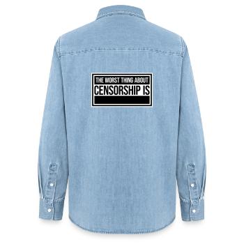 Le pire dans la censure, c’est l’ironie amusante - Chemise en denim femme bio Stanley/Stella - bleu clair délavé - Dos - AI Model Female 172 light (172cm)