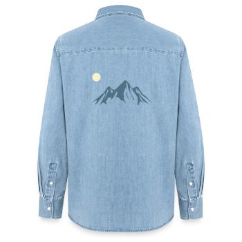 Mountain Silhouette Sunrise - Women’s Organic Denim Shirt by Stanley/Stella - light wash - Back - AI Model Female 172 light (172cm)