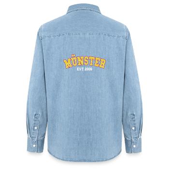 Münster Fondée en 2006 - Chemise en denim femme bio Stanley/Stella - bleu clair délavé - Dos - AI Model Female 172 light (172cm)