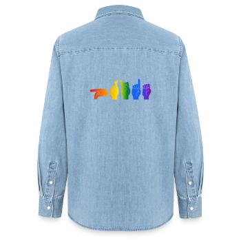 ASL Pride I - Pride Flag Colors - Women’s Organic Denim Shirt by Stanley/Stella - light wash - Back - AI Model Female 172 light (172cm)